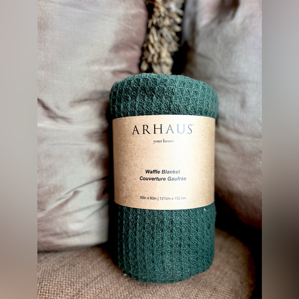 Arhaus Green Waffle Knit Throw Blanket
